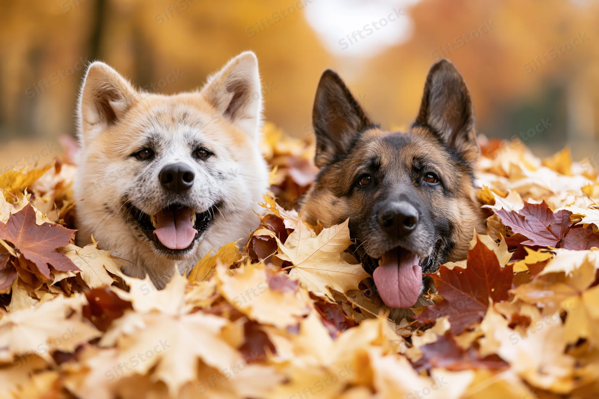Two dogs peeking through a pile of autumn leaves in a park