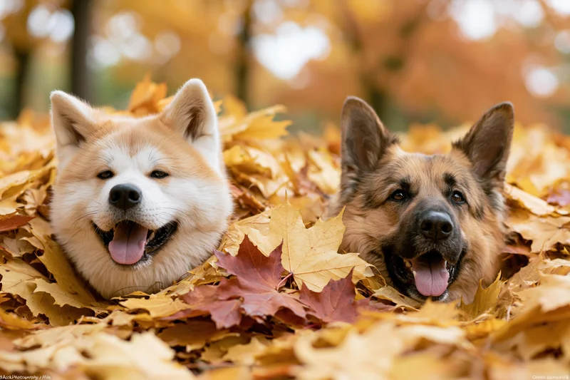 Two dogs an akita and a german shepherd peeking from a pile of autumn leaves in a park