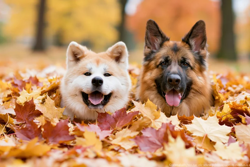 Two dogs an akita and a german shepherd peeking through autumn leaves in a park