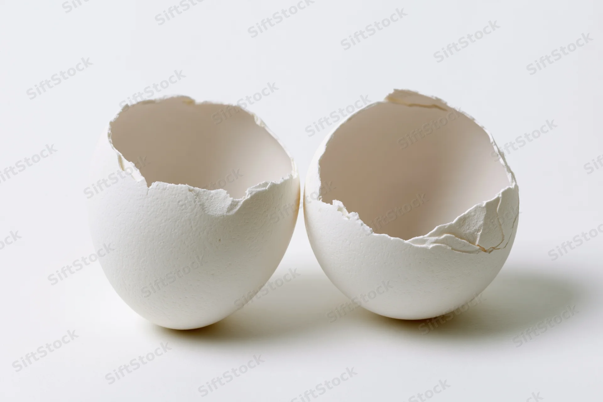 Two empty white eggshell halves split open and placed side by side on a white surface