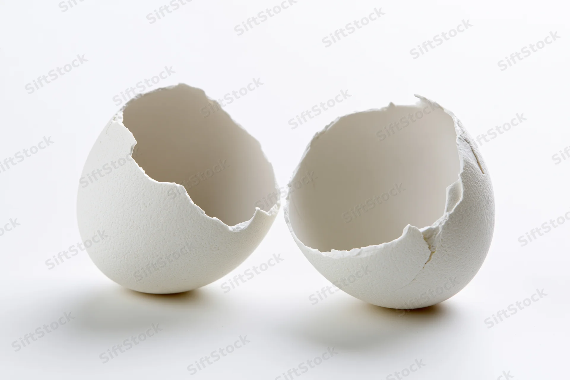Two empty white eggshell halves split open and placed side by side on a white surface