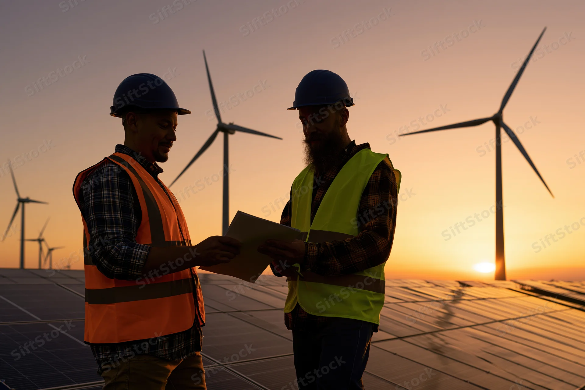 Two engineers in safety gear reviewing a document on a solar farm at sunset with wind turbines in the background