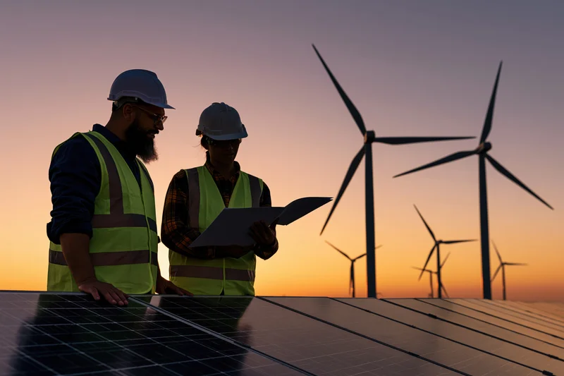 Two engineers in safety gear reviewing documents on solar panels with wind turbines in the background at sunset