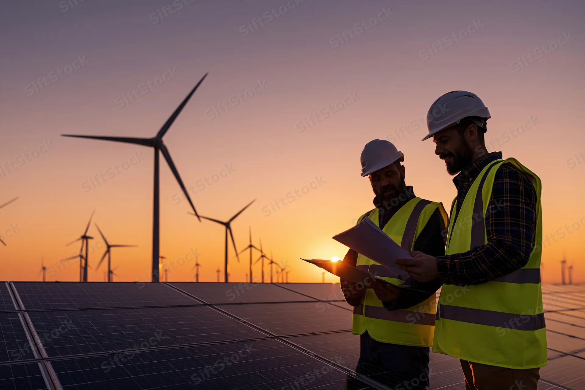 Two engineers in high-visibility vests and hard hats reviewing documents on a solar farm at sunset with wind turbines in the background