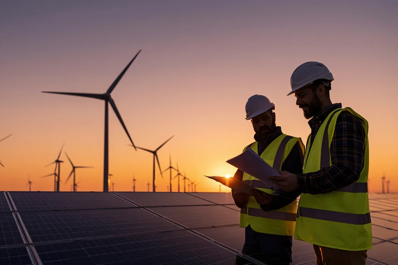 Two engineers in high-visibility vests and hard hats reviewing documents on a solar farm at sunset with wind turbines in the background