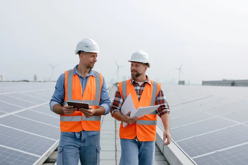 Two engineers in safety vests walking on a solar panel rooftop discussing project plans