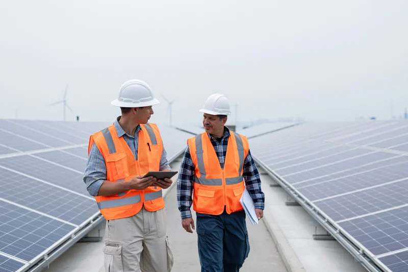 Two engineers in orange safety vests and white hard hats walking and talking on a rooftop solar panel installation site