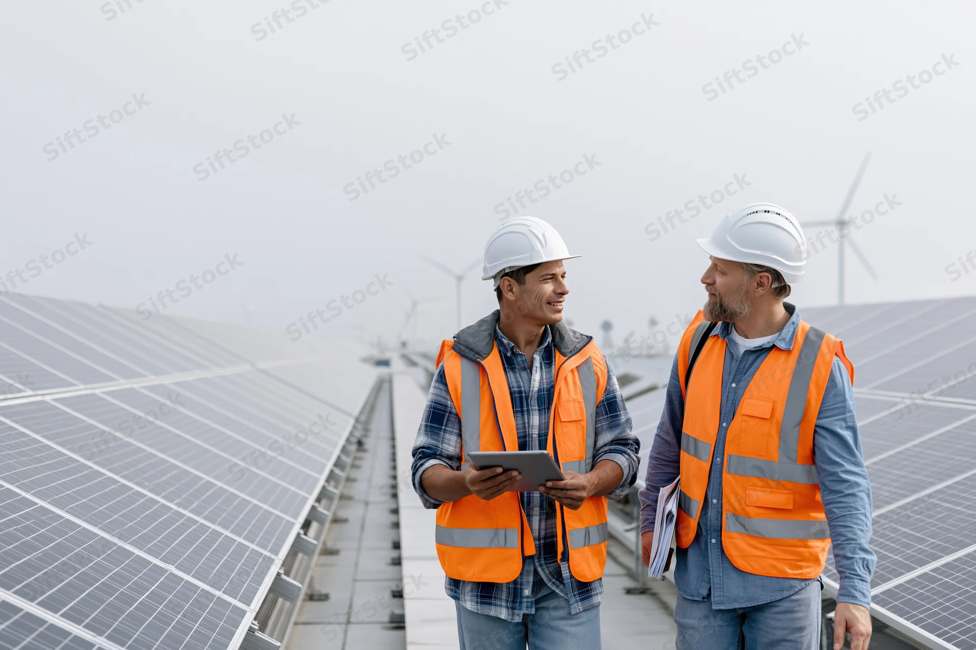 Two engineers in safety gear walking and talking between rows of solar panels at a renewable energy site