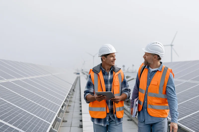 Two engineers in safety gear walking and talking between rows of solar panels at a renewable energy site