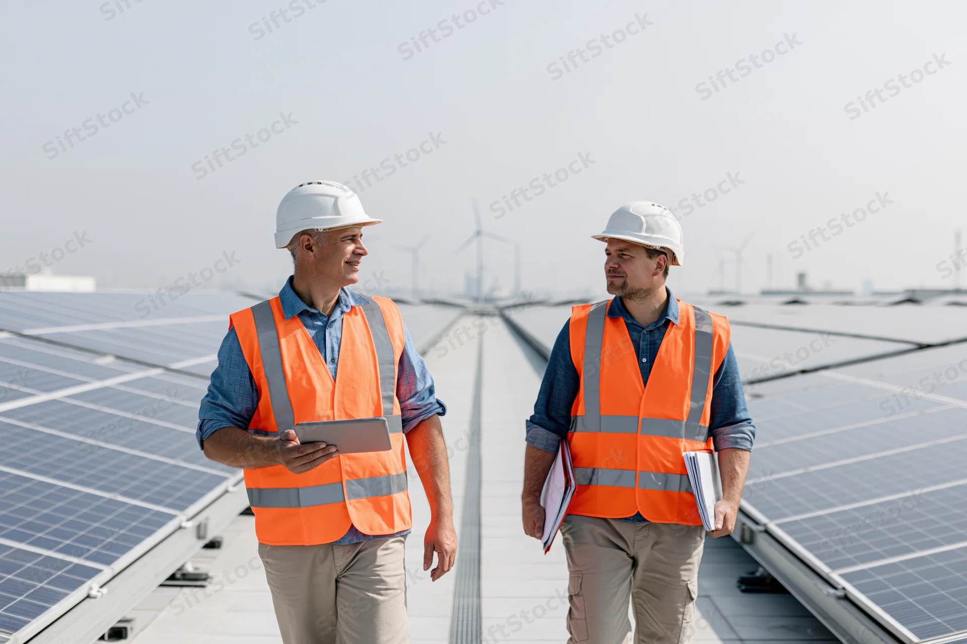 Two engineers in orange safety vests and hard hats walking and talking on a solar panel rooftop site