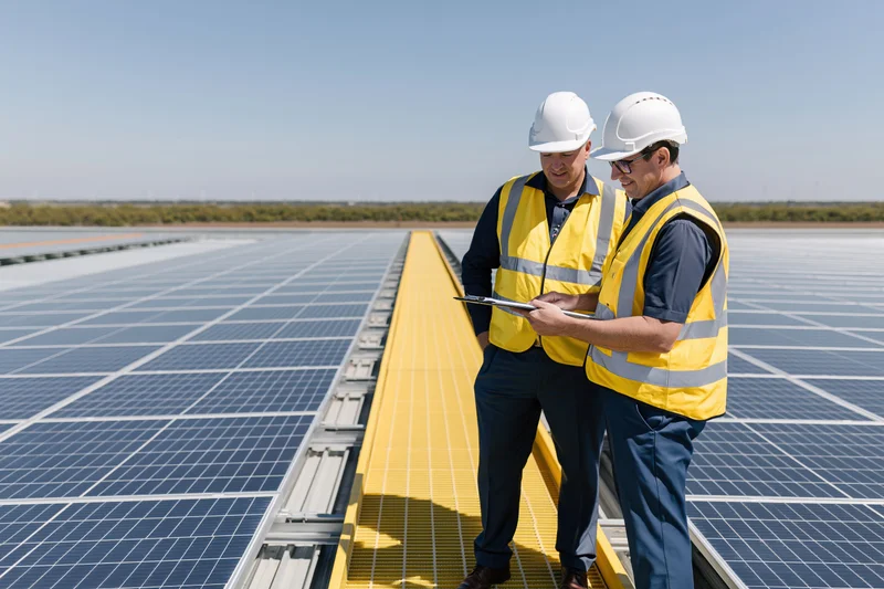 Two engineers inspecting solar panels on a rooftop installation
