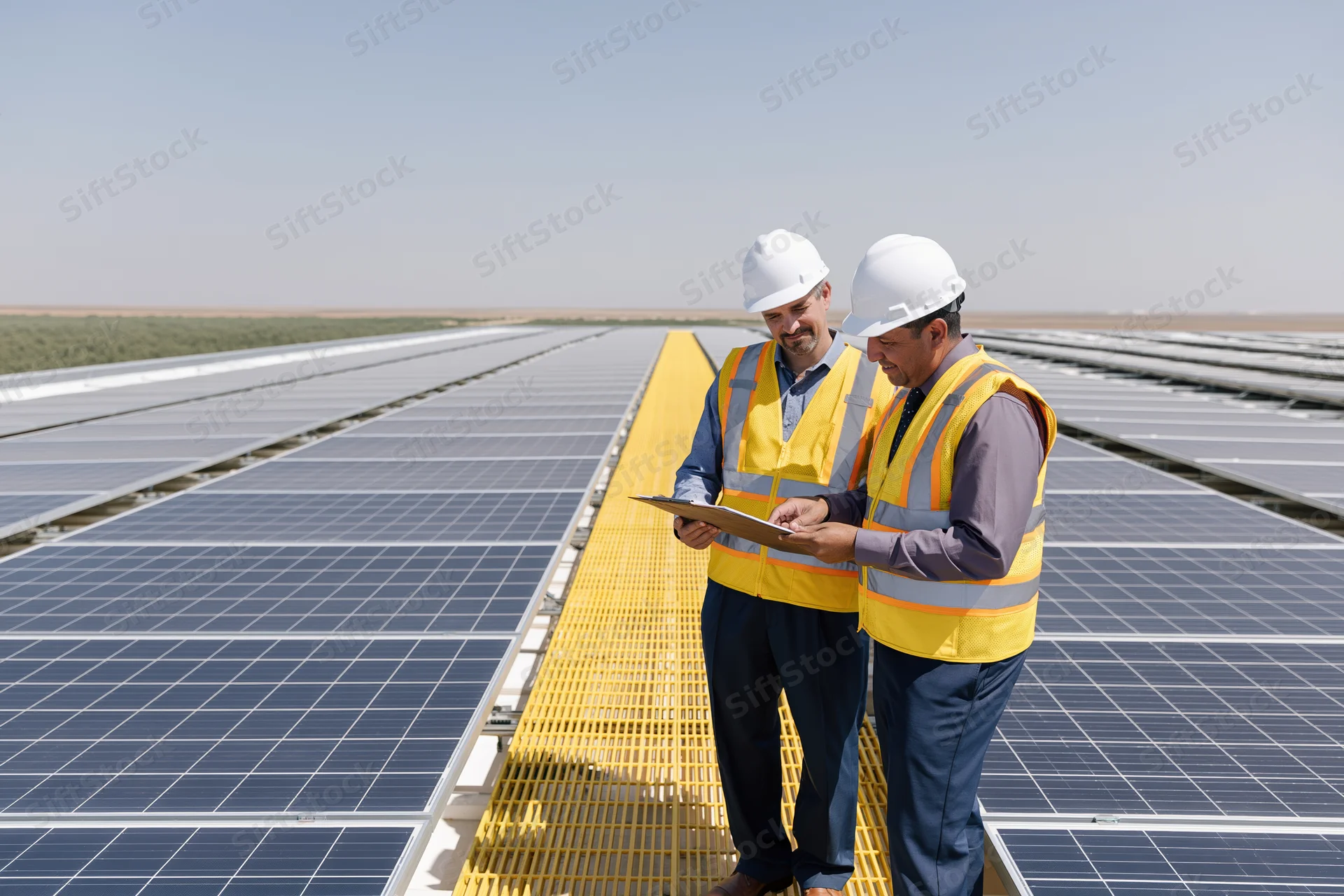 Two engineers inspecting solar panels on a rooftop using a tablet during daytime