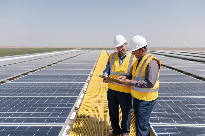 Two engineers inspecting solar panels on a rooftop using a tablet during daytime