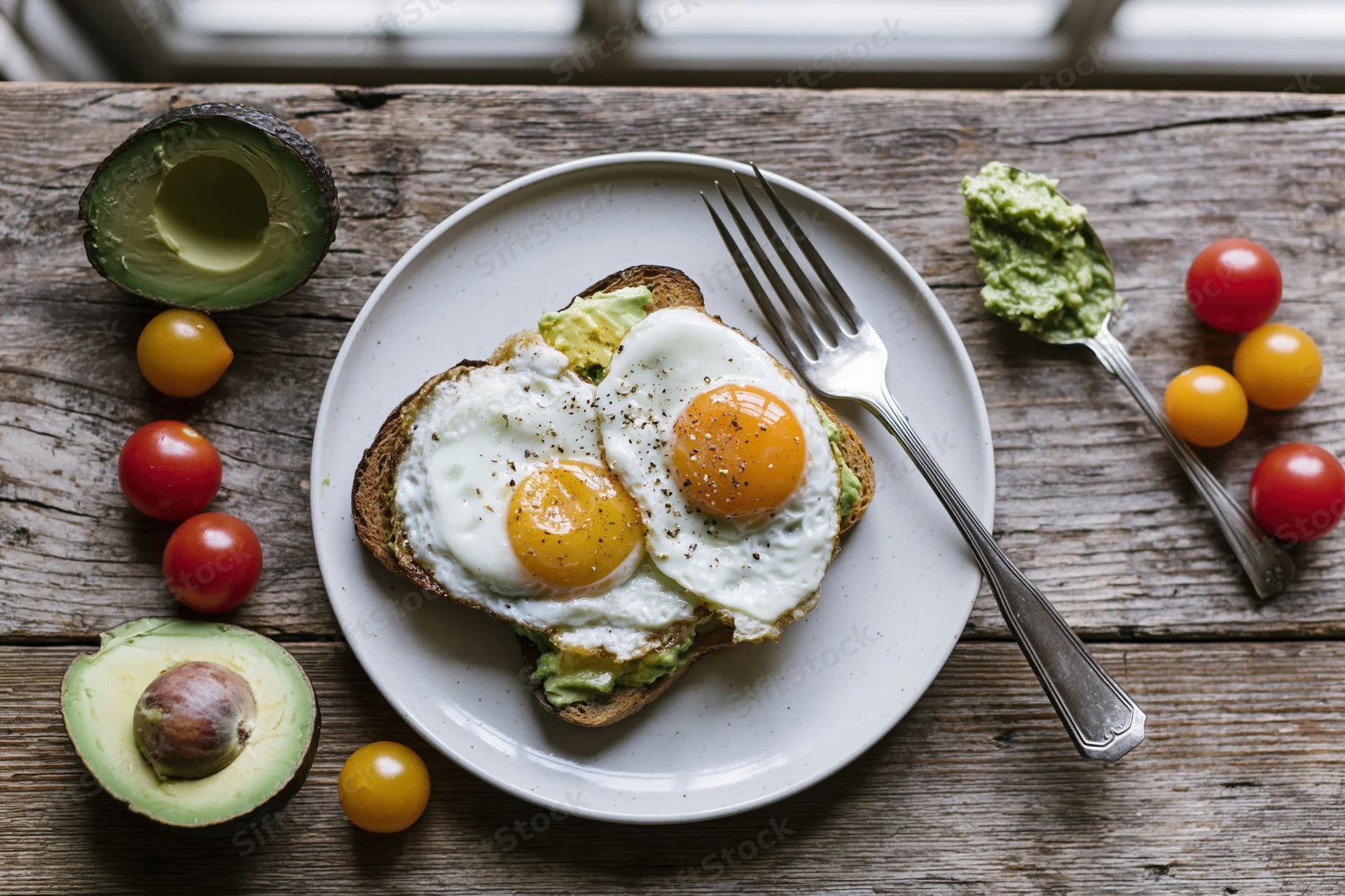 Two fried eggs on avocado toast served on a white ceramic plate with cherry tomatoes and avocado halves on a rustic wooden table