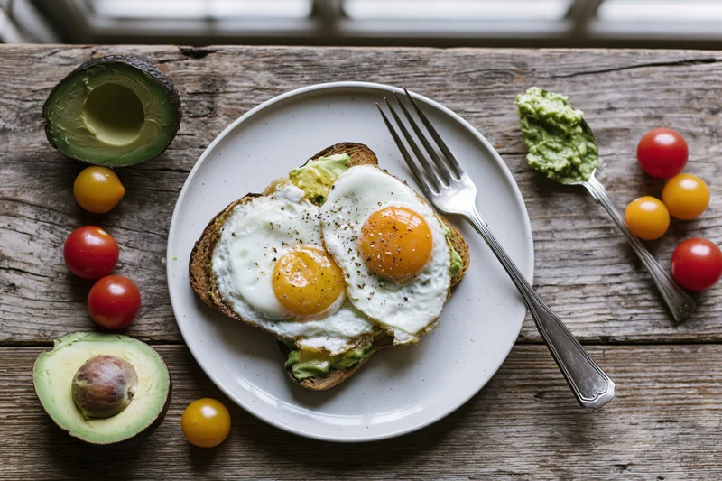 Two fried eggs on avocado toast served on a white ceramic plate with cherry tomatoes and avocado halves on a rustic wooden table
