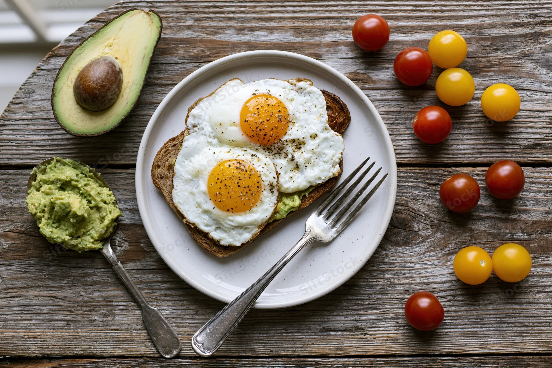 Two fried eggs on avocado toast served on a white ceramic plate with cherry tomatoes and avocado on a rustic wooden table