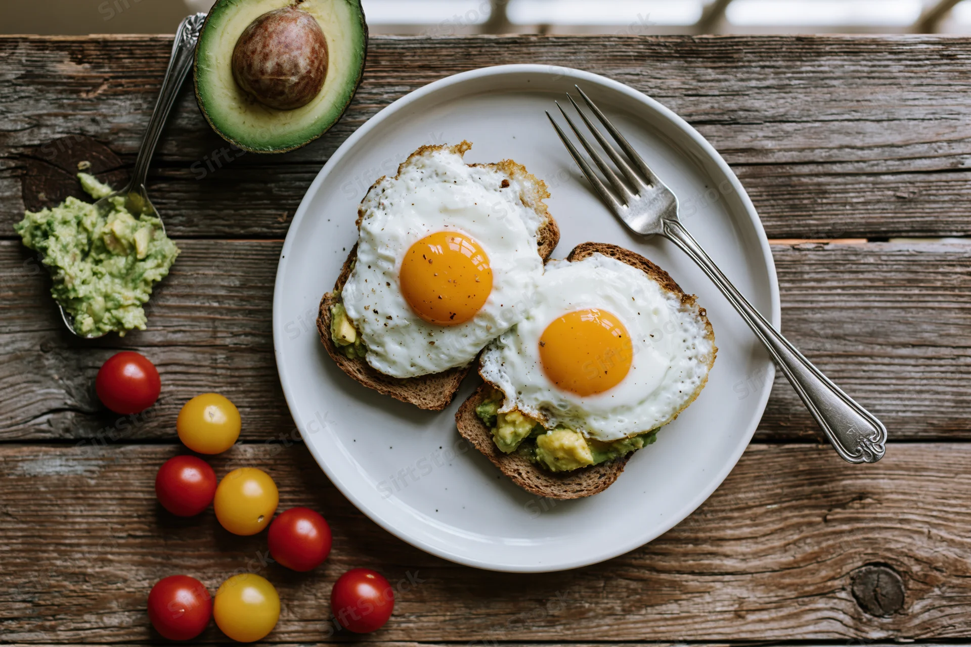 Two fried eggs on avocado toast served on a white ceramic plate with cherry tomatoes and silverware on a rustic wooden table
