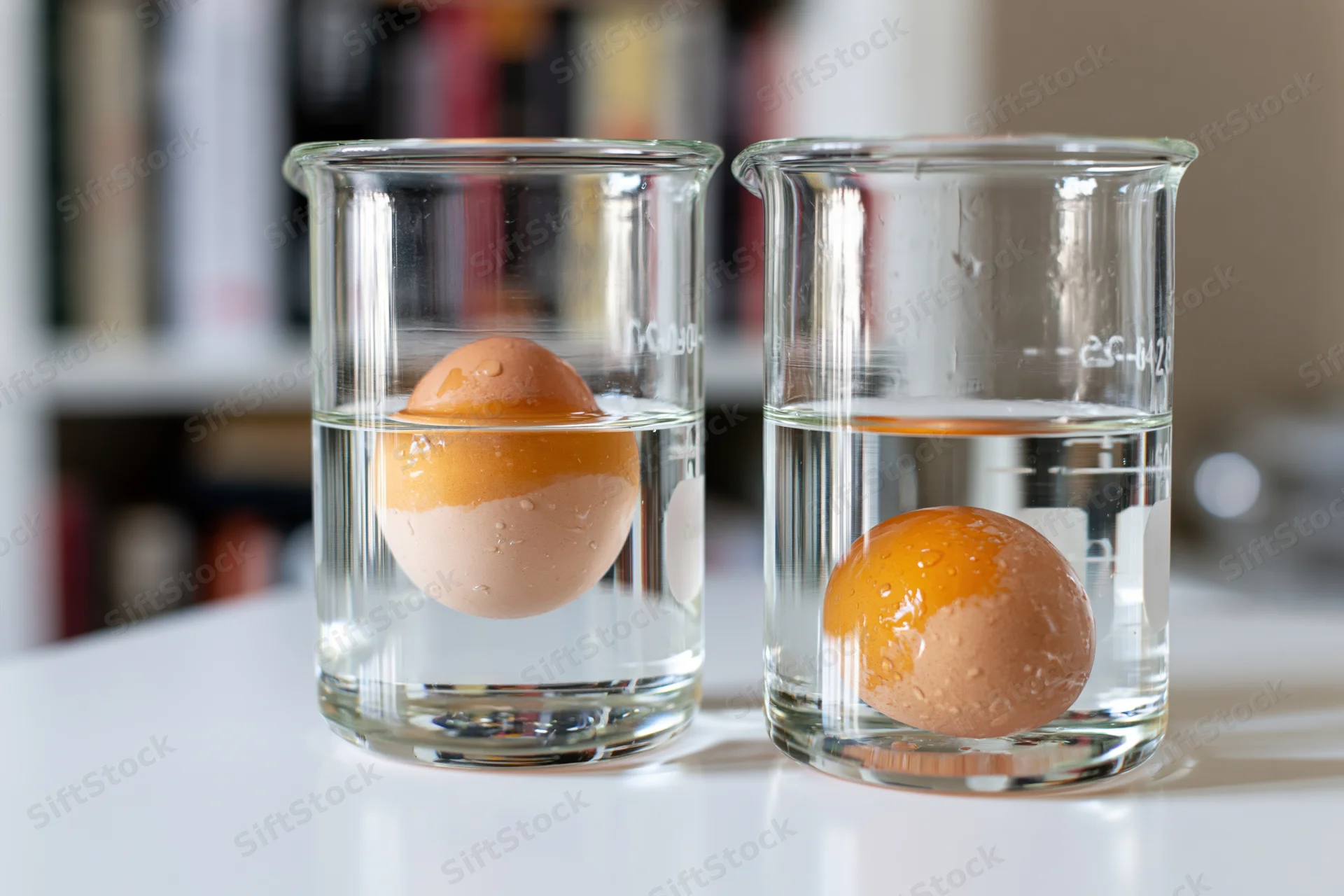Two eggs in glass beakers filled with water, one floating and one sinking, on a white surface in a lab or classroom setting