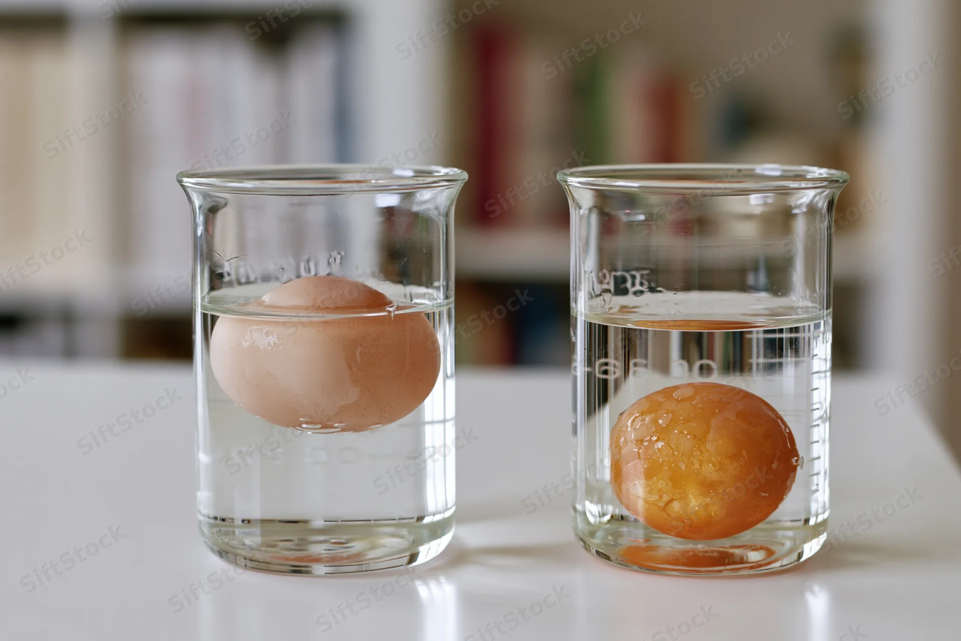 Two eggs in glass beakers filled with water, one floating and one sinking, on a white table in a classroom setting