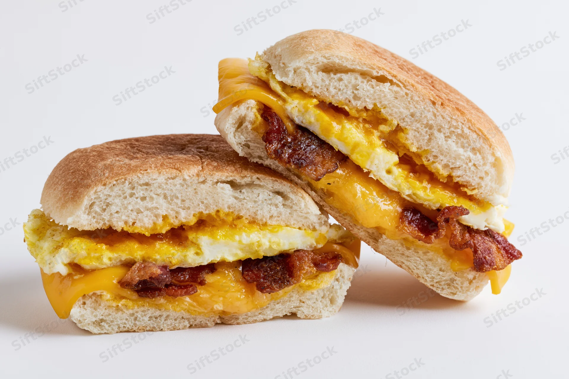 Two halves of a breakfast sandwich on a soft kaiser roll stacked against white background