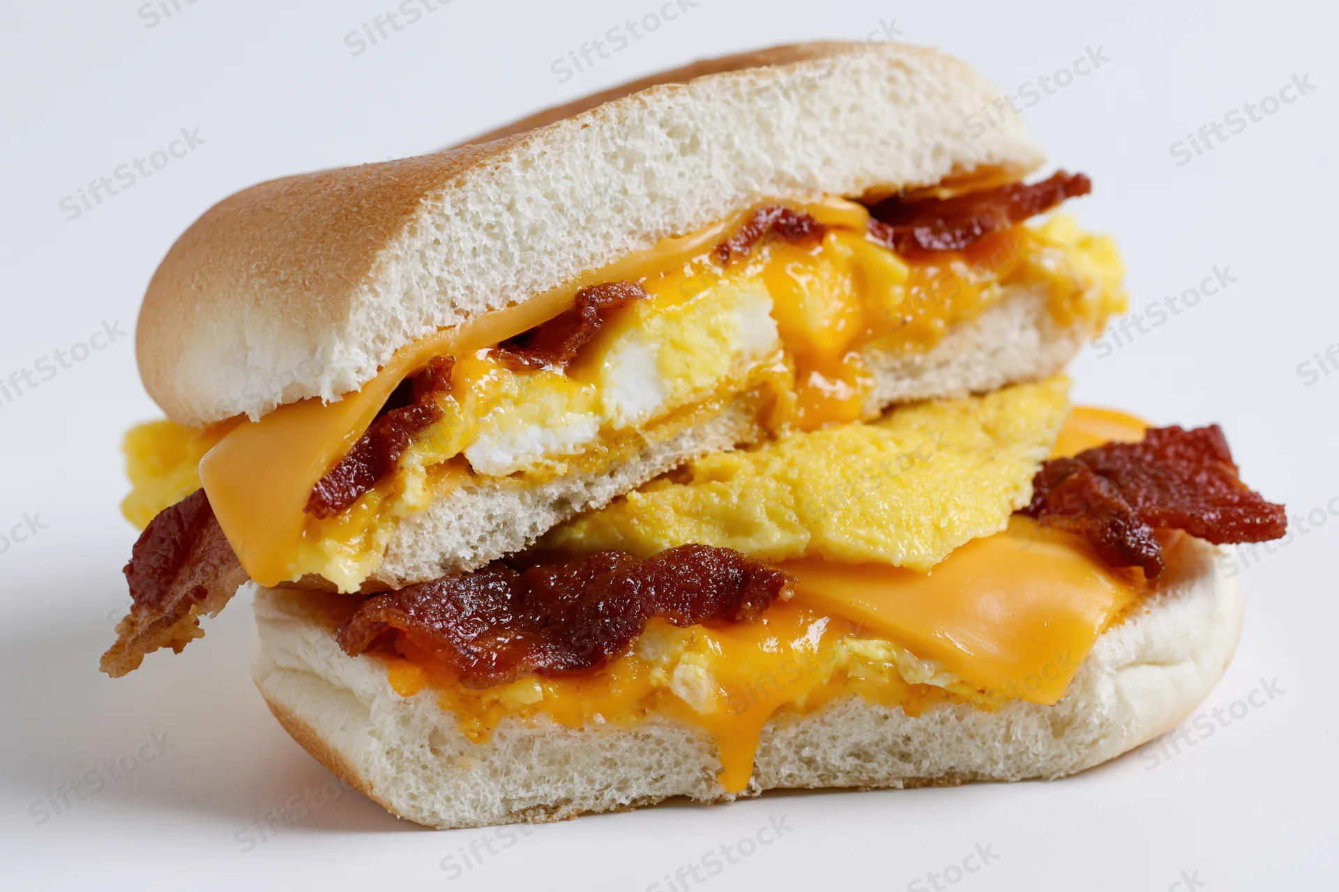 Two halves of a breakfast sandwich on a soft kaiser roll stacked together with bacon, egg, and cheese visible inside