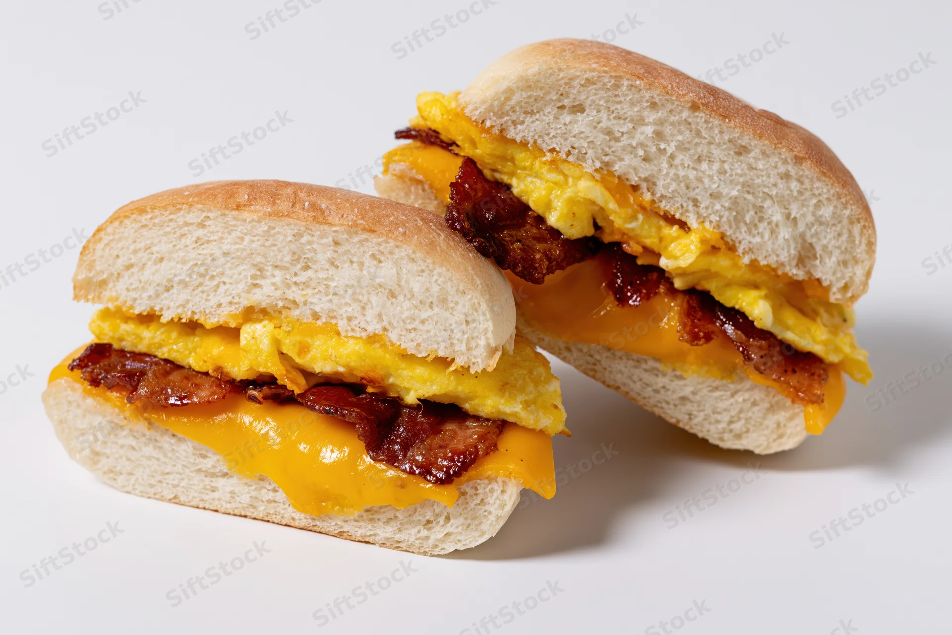 Two halves of a breakfast sandwich on a soft kaiser roll stacked on white background