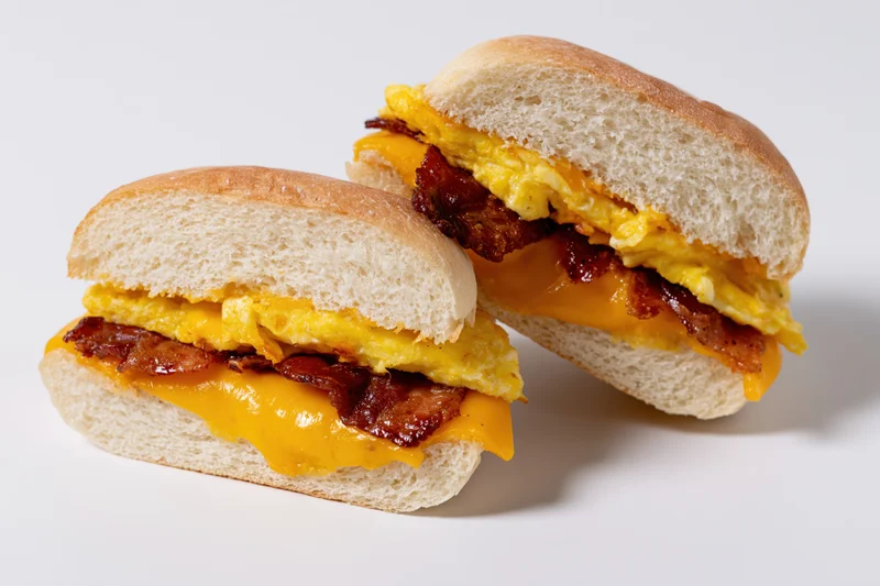 Two halves of a breakfast sandwich on a soft kaiser roll stacked on white background
