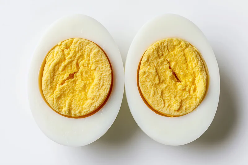 Two halves of a hard-boiled egg cut face up on white background