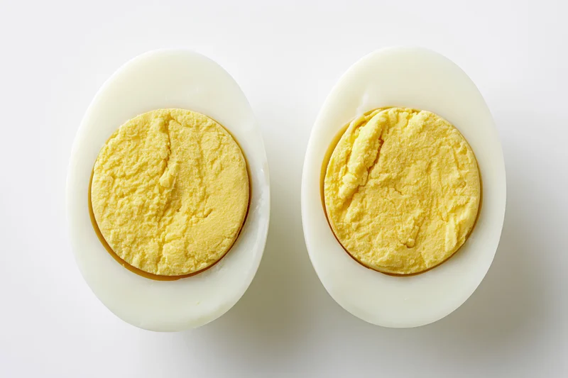 Two halves of a hard-boiled egg cut face up on a white surface