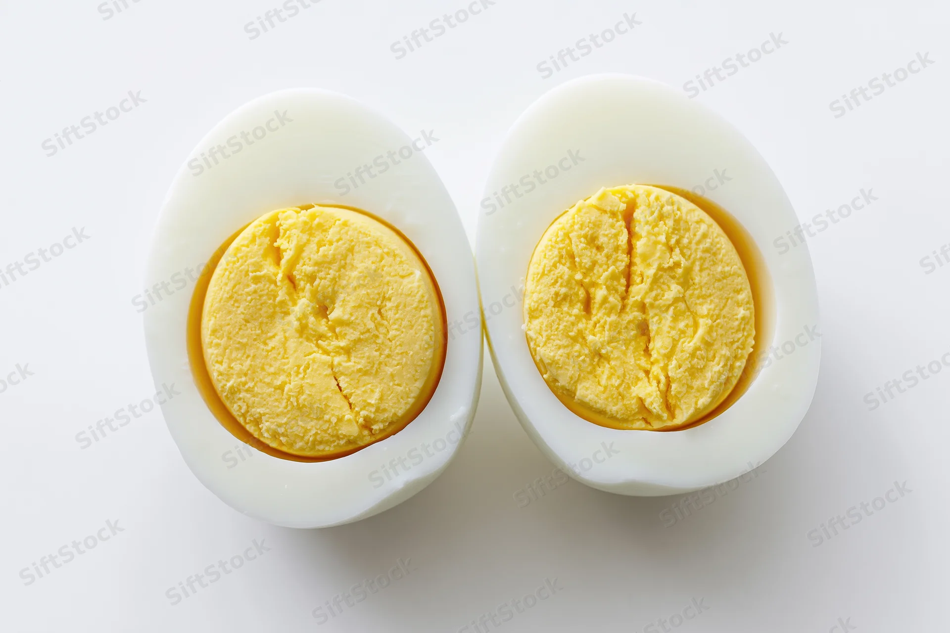 Two halves of a hard-boiled egg cut face up on a white surface
