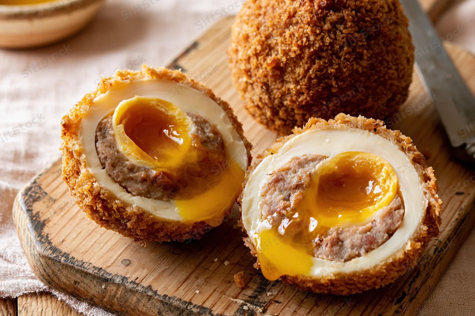 Halved scotch egg with runny yolk and sausage filling on wooden cutting board