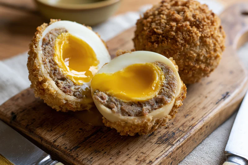 Halved scotch egg with runny yolk on wooden cutting board beside knife