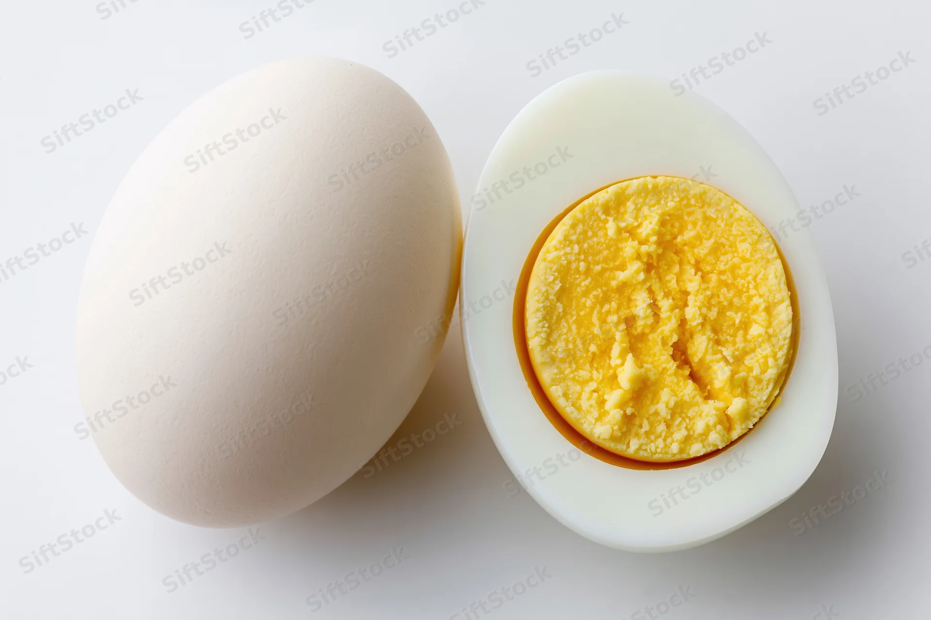Whole and halved hard-boiled egg on white background with copyspace