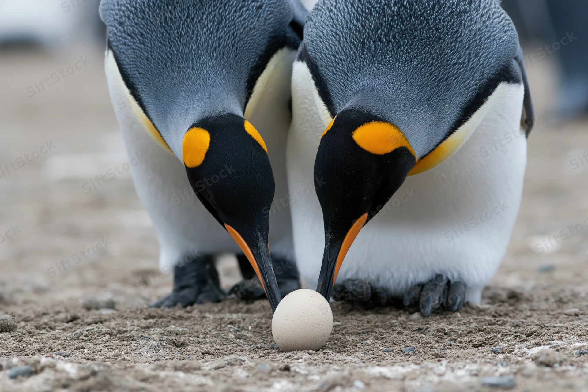 Two king penguins leaning heads together over a single pale egg on sandy ground