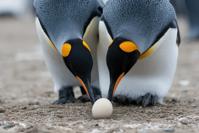 Two king penguins leaning heads together over a single pale egg on sandy ground