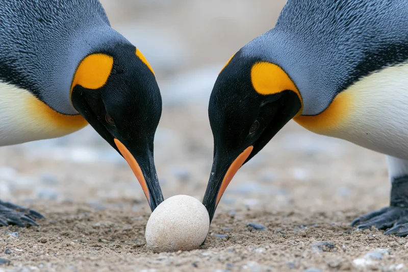 Two king penguins leaning heads together over a single pale egg on sandy ground