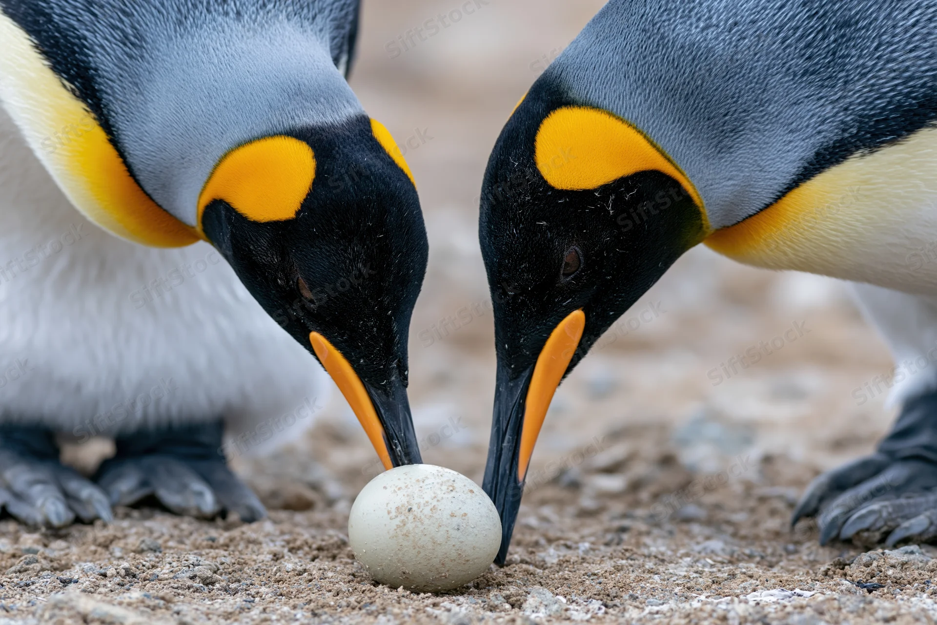 Two king penguins leaning heads together over a single pale egg on sandy ground