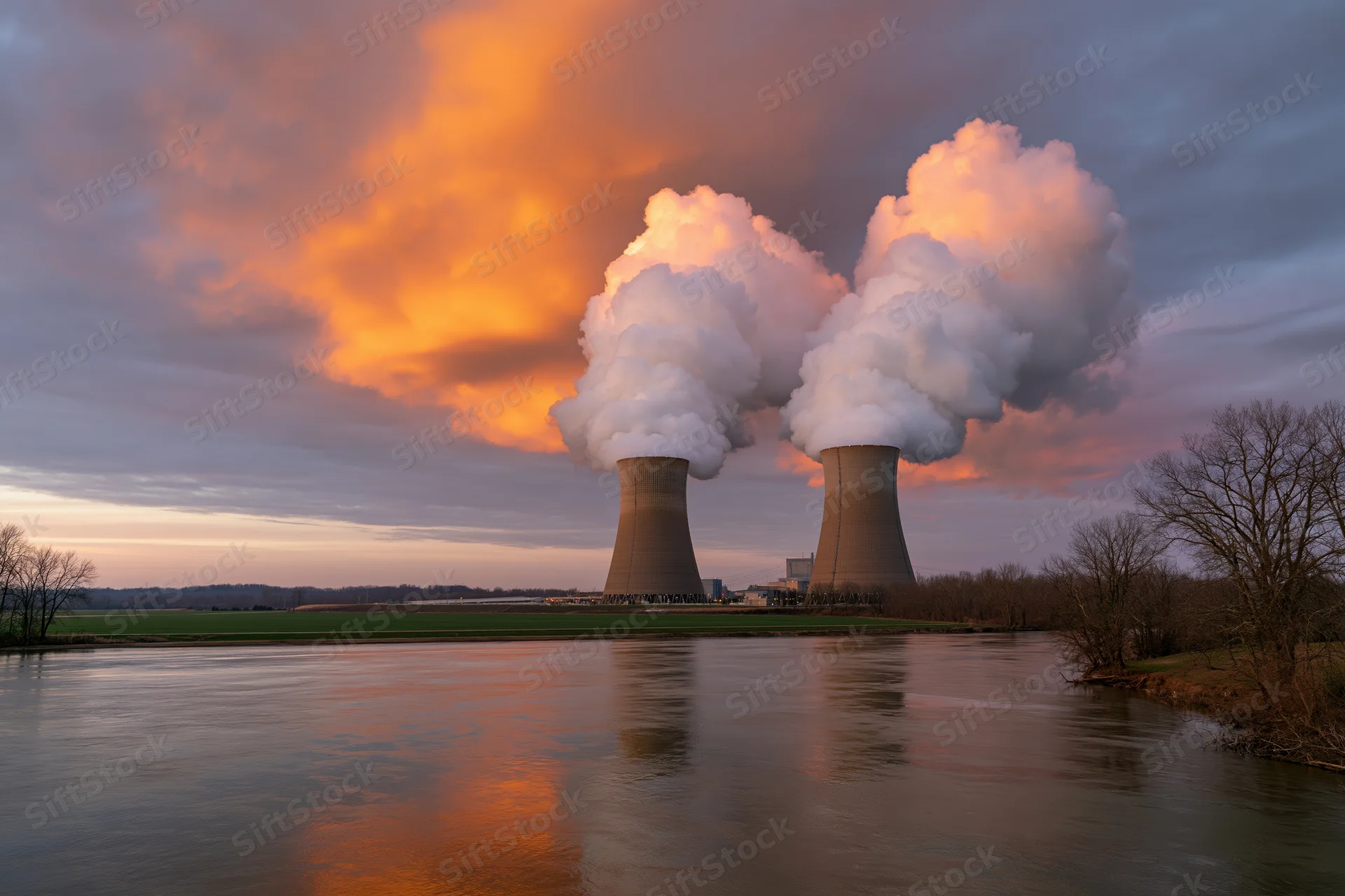 Two nuclear power plant cooling towers releasing steam at sunset over a river