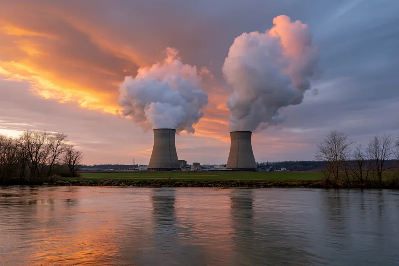 Two nuclear power plant cooling towers releasing steam at sunset over a river