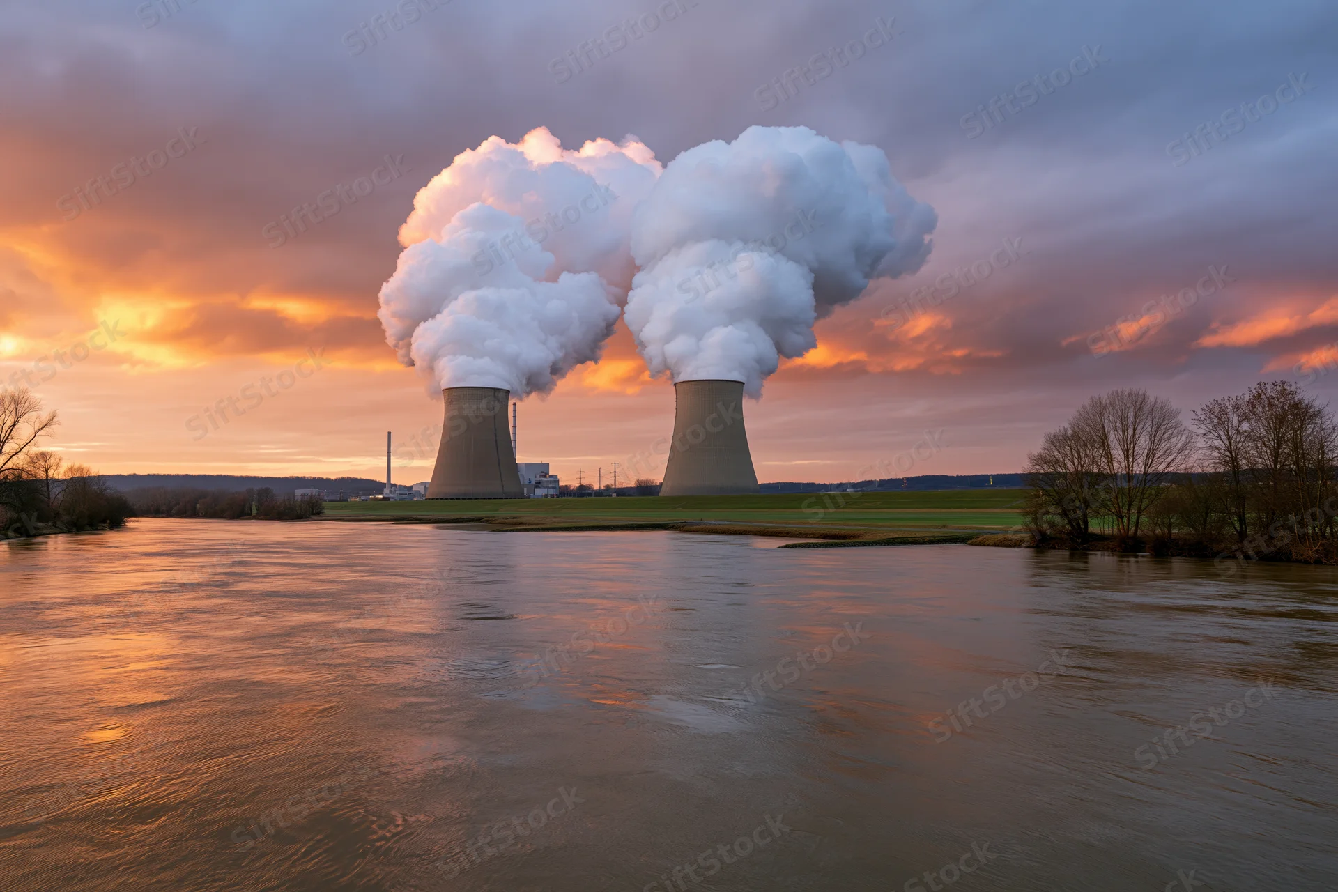 Two nuclear power plant cooling towers releasing steam over a river at sunset