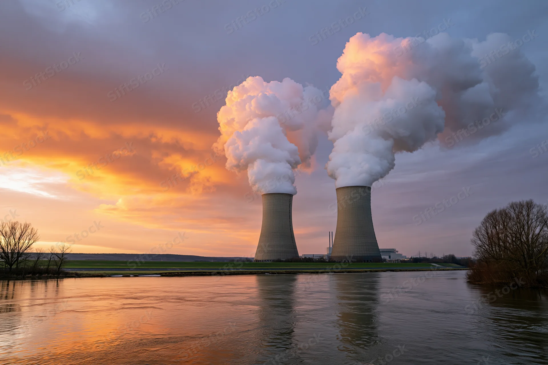 Two nuclear power plant cooling towers releasing steam at sunset over a river