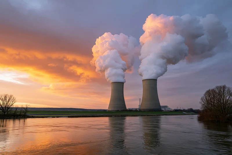Two nuclear power plant cooling towers releasing steam at sunset over a river