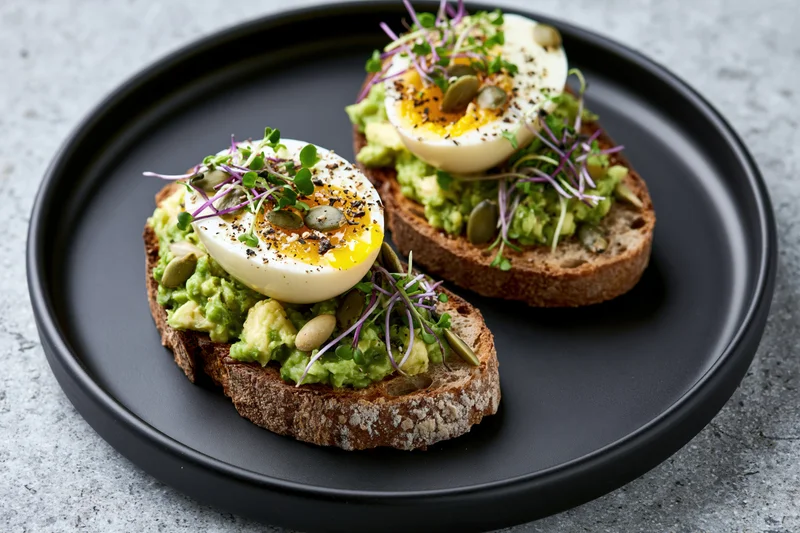 Two open-faced avocado toasts on toasted sourdough bread each topped with halved soft-boiled eggs, microgreens, and pumpkin seeds on a black plate