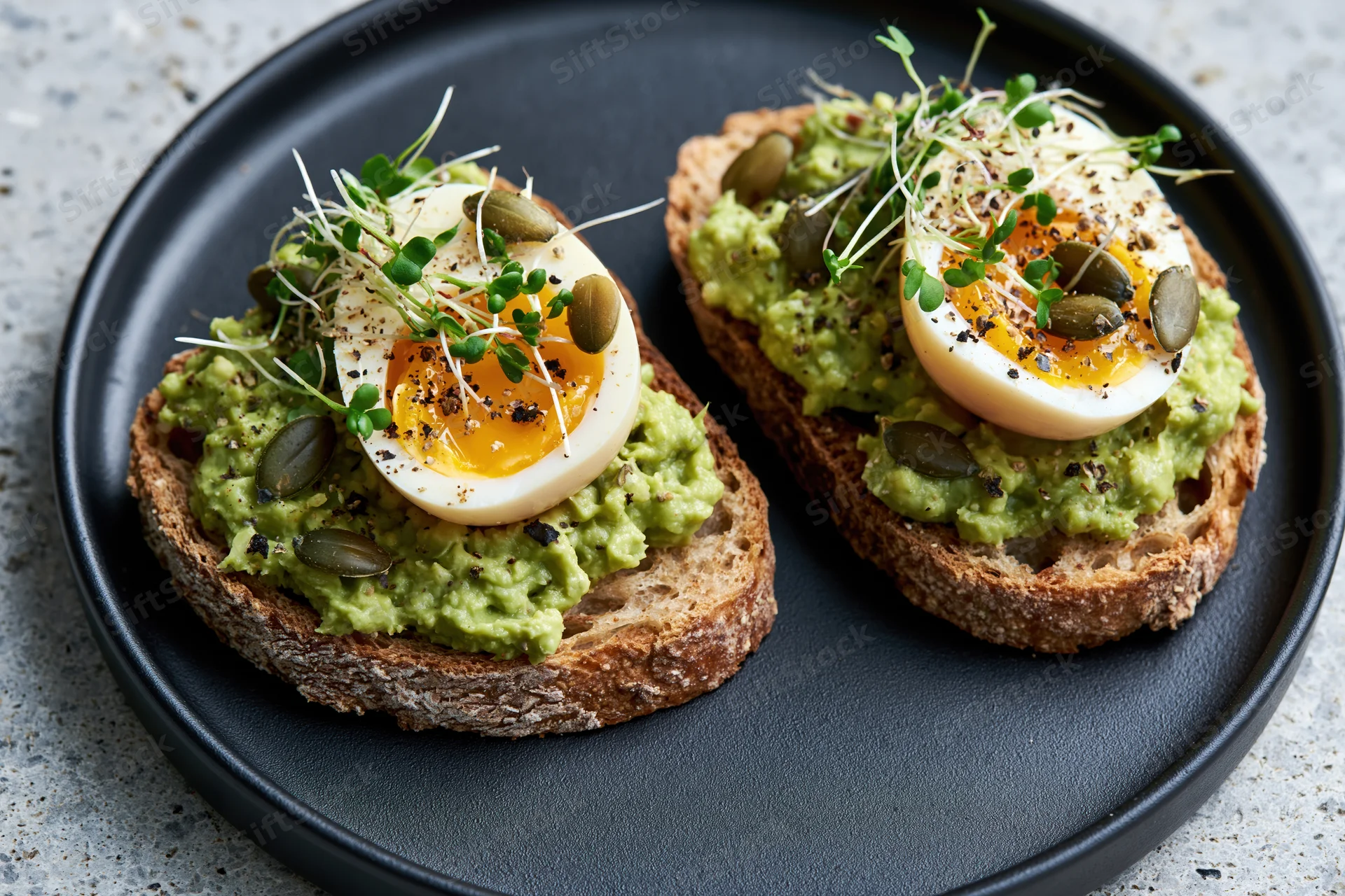Two open-faced avocado toasts on sourdough bread topped with halved boiled eggs, microgreens, and pumpkin seeds on a black plate
