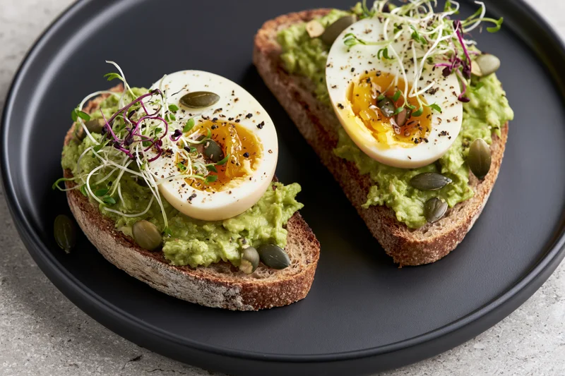 Two open-faced avocado toasts on sourdough bread topped with soft-boiled eggs and microgreens on a black plate