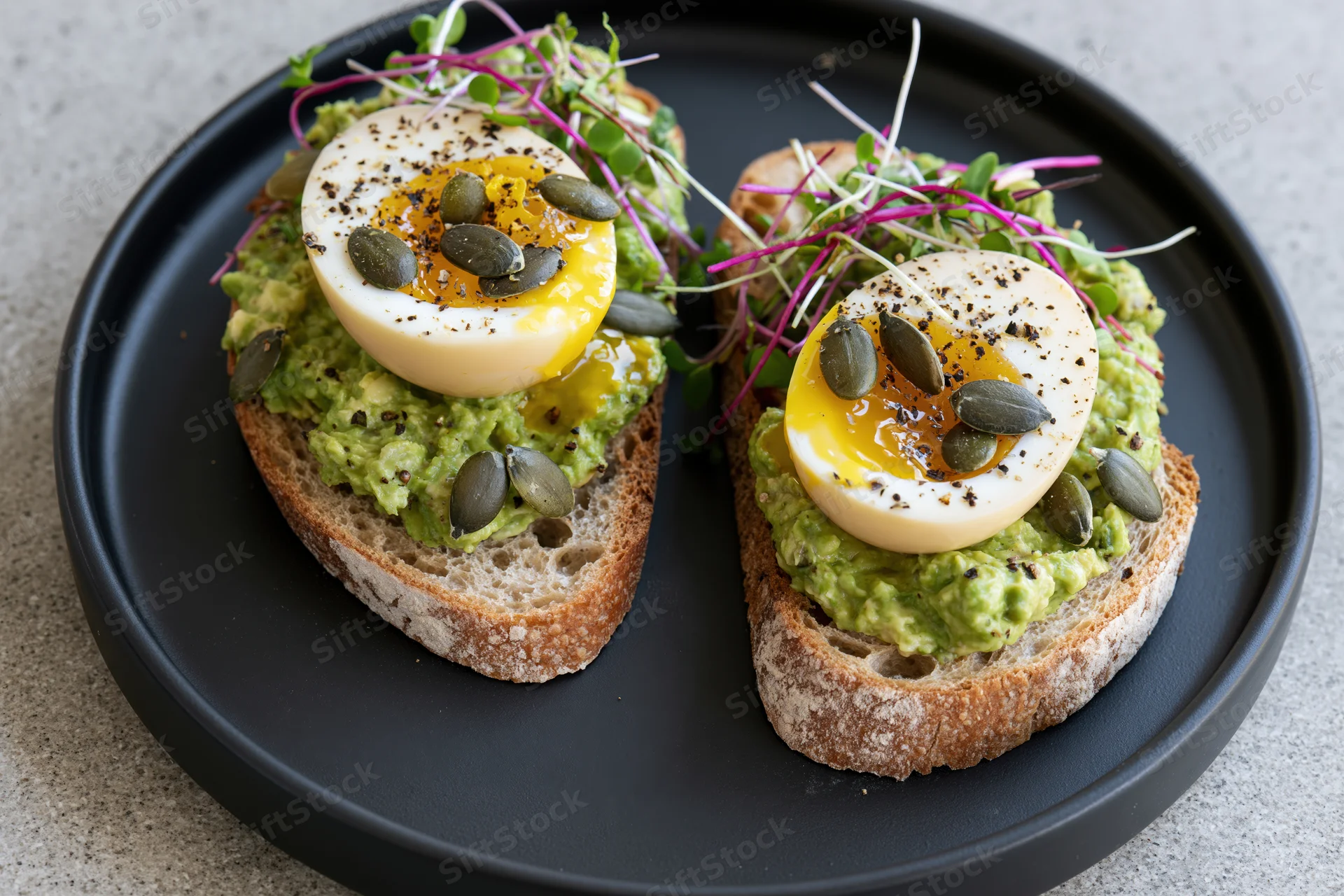 Two open-faced avocado toasts on sourdough bread topped with soft-boiled eggs and microgreens on a black plate