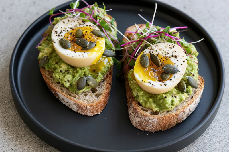 Two open-faced avocado toasts on sourdough bread topped with soft-boiled eggs and microgreens on a black plate