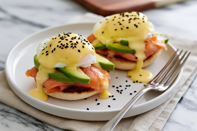 Two open-faced egg benedict toasts with salmon and avocado on a white plate with hollandaise sauce and sesame seeds, served with a fork on a marble table