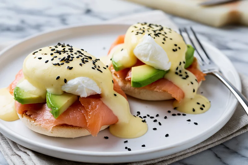 Two open-faced egg benedict toasts with avocado and salmon on a white ceramic plate with hollandaise sauce and black sesame seeds, served on a marble countertop with a fork and napkin