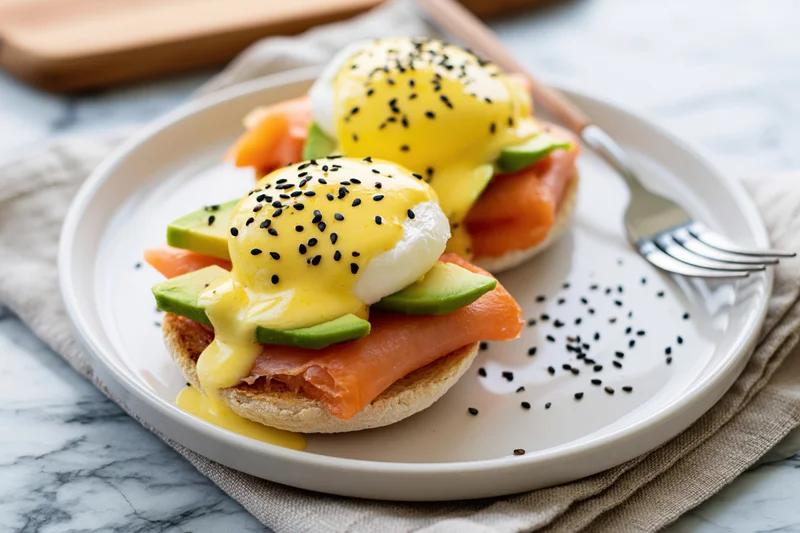 Two open-faced egg benedict toasts with avocado and salmon on a white ceramic plate with hollandaise sauce and black sesame seeds, served on a marble table with a fork and linen napkin
